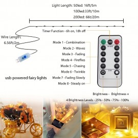 USB Powered Fairy Lights With Remote 50/100/200 LED Christmas String Lights Outdoor Waterproof 8 Modes Twinkle Lights Copper Wire Mini Lights Outdoor Indoor For Garden /Patio/ Tree/ Christmas Party/ Wedding/ Decorations