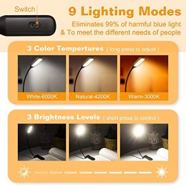 Rechargeable Book Reading Light Lamp, LED Book Light For Reading In Bed - Eye Caring Adjustable Brightness 3 Color Temperatures 20+ Hours Runtime, USB Reading Light For Bed, Book Light Clip On