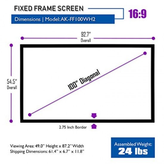 100-inch Fixed Frame Projector Screen Compatible for 4K/8K Ultra HD & 3D, Panel Wall-Mounted Indoor Projection Screen Suitable for Home Theater Cinema, CINEWHITE UHD-B, for Use with Projectors